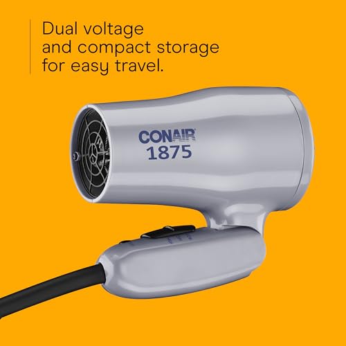 Conair Compact Hair Dryer with Folding Handle, 1875W Travel Blow Dryer with Diffuser and Concentrator Attachments, 2 Heat & 2 Speed Settings, Dual Voltage, Grey