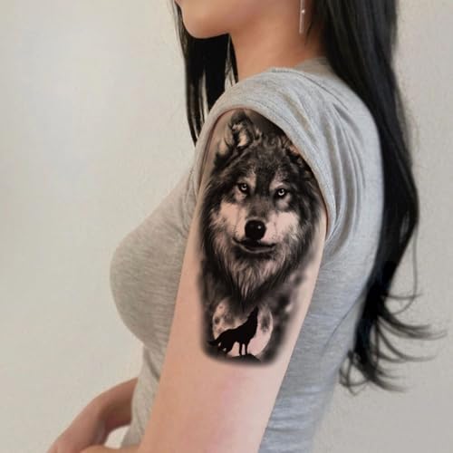 2 Sheets Realistic Animal Temporary Tattoos Stickers Moon Roar Wolf Designs For Men Waterproof Arm Leg Fake Body Art, Gym & Parties Bold Masculine Decals