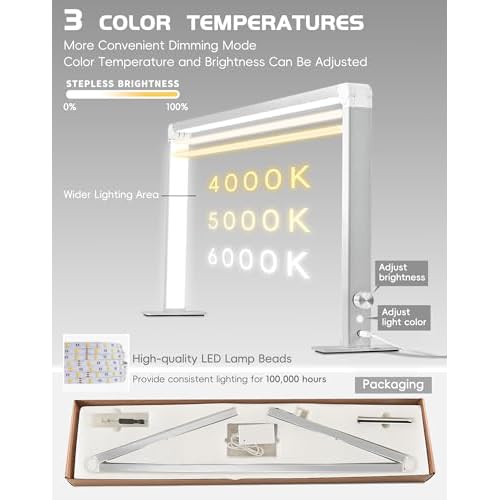 Foldable Half Moon Light for Nail Desk, 48W Square Nail Table Lamp, 33in LED Desk Lamp with Knob, 3 Modes 3000-6000K Dimmable (Silver)