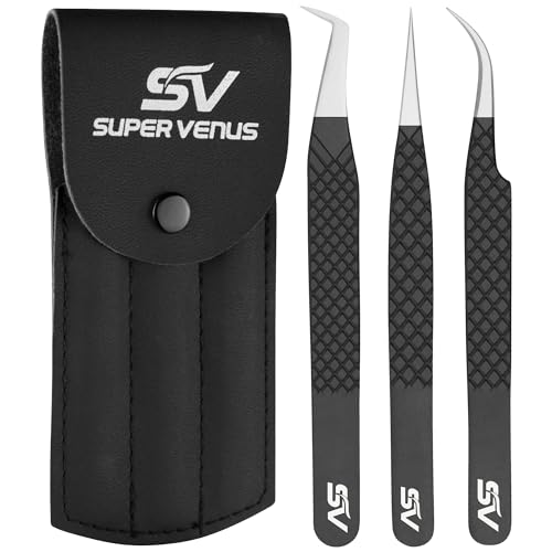 SV Lash Tweezers | Lash Extension Tweezers Set | 5Pcs Stainless Steel Eyelash Extension Tweezers Set | Volume/Isolation Nail Art Curved Tweezers (Black 3 Pcs)