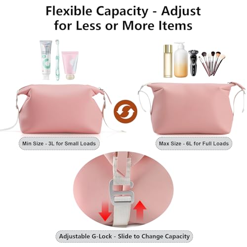 Vomgomfom 6L 13 Inch Silicone Toiletry Bag, Waterproof Leakproof Travel Cosmetic Organizer, Adjustable G-Buckle Compression Dopp Kit, Foldable Makeup Bag for Women & Men (Pink, 13" 6L)
