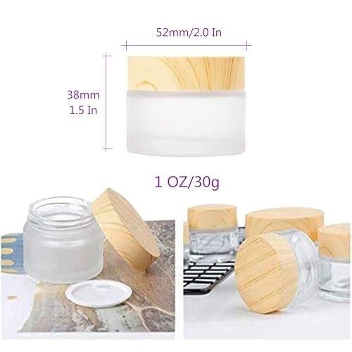 12 Packs 1 Oz Empty Jars 30ml Round Frosted Glass Cream Jar Bottles Holder with Wood Grain Lids Refillable Case Vial Pot Cosmetic Container Glass Bottles for Lotion Face Lip Balm Eye Cream