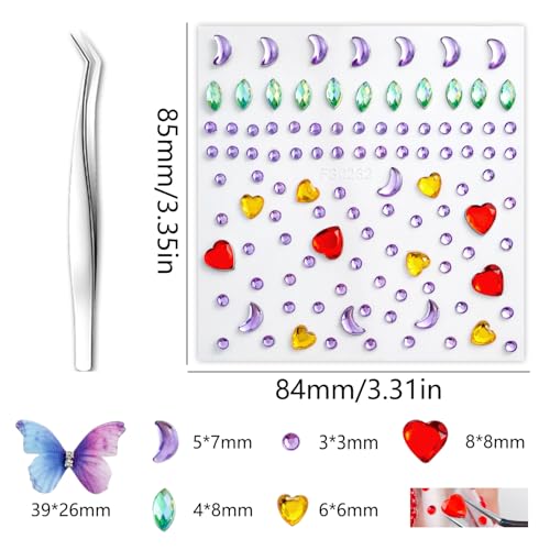 Face Gem Stickers,12 Sheets Self-Adhesive Face Rhinestones for Makeup,Acrylic Bling Decorative Diamond Stickers,3D Butterfly Seashell Stick on Gems,Face Jewels for Women,Gem Sticker Crafts for Kids