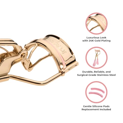 Eyelash Curler - 24K Gold-Plated Stainless Steel Precision Eye Lash Curler for Lush, Luxurious Lashes - Silicone Eyelash Curler Pads, Ergonomic Cushioned Handles - with Replacement Pads