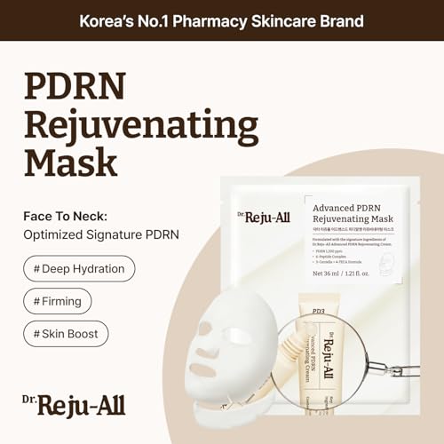 Dr. Reju-All Advanced PDRN Rejuvenating Mask - Face & Neck Korean Sheet Mask with 1,200 ppm PDRN, Collagen & Copper Peptides - Hydrating & Soothing, Skin Repair (1.2 Fl Oz x 4EA)