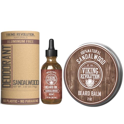 Viking Revolution Sandalwood Beard Oil, Body Lotion and Dedodorant for Men - Oil Softener and Moisturizes 1oz, Body Lotion for Hydrated and soft skin 8oz, Deodorant Men Aluminum Free 2.65oz