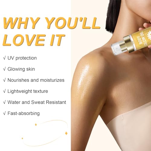 Body Glow Oil, Sunscreen Shimmer Oil, SPF 45 Broad Spectrum, Body Oil with with Coconut Oils, Moisturizing Glow for Face & Body, Liquid Illuminator Highlighter, Water Resistant, 3.72 fl oz (#1 GOLD)