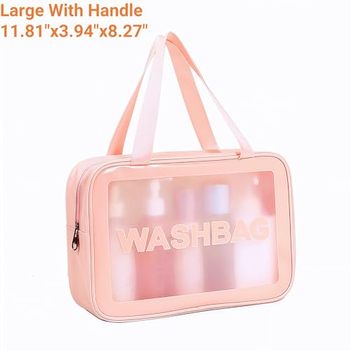 Waterproof Clear Frosted Travel Toiletry Bag For Men & Women: 3-Size Handle Cosmetic Case + 4 Pre-Labeled 2Oz Bottles & Sticker. Large Washbag Organizer. (Soft Pink)