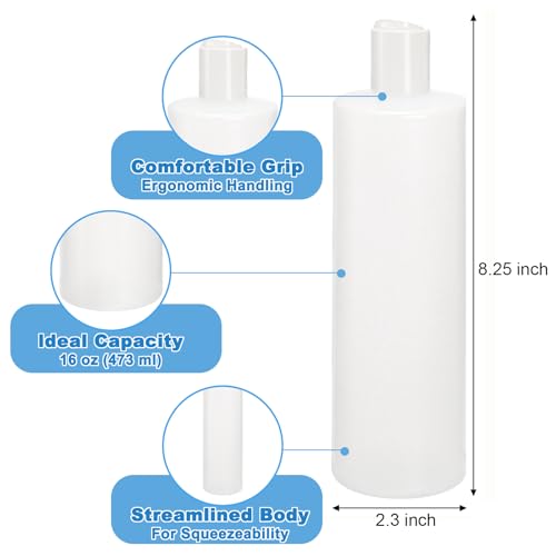 Bekith 12 Pack 16oz Plastic Squeeze Bottle with 24 Caps in 2 Styles, Refillable Plastic Bottles for Shampoo, Lotions, Liquid Body Wash, Sauce, BPA Free