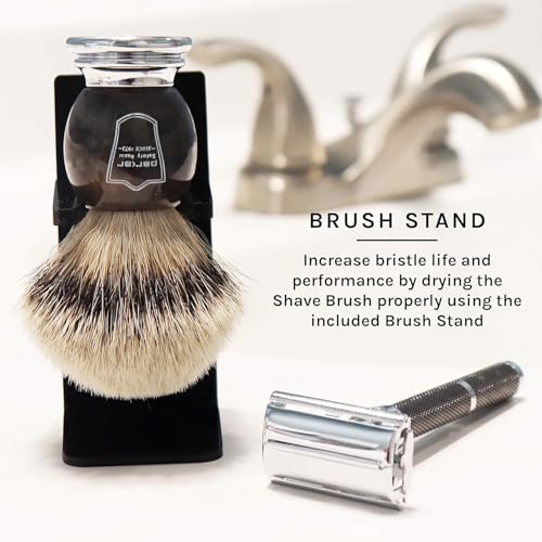 Parker 100% Silvertip Badger Shaving Brush ? Faux Horn Handle, Long Loft 22?mm Knot, Chrome Base + Resin Stand ? Rich Lather, Sensitive Skin Friendly