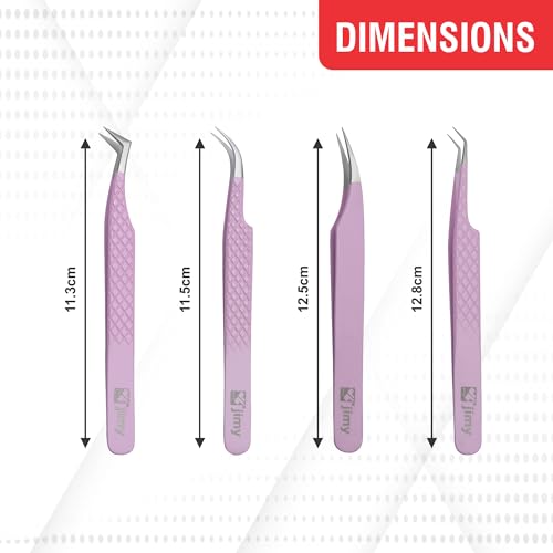 Jimy 4 Piece Set Lash Tweezers for Eyelash Extensions, Anti-Slip Diamond Grip for Professionals, Straight and Curved Precision Fiber Tips Stainless Steel, Multipurpose Eyelash Tweezers