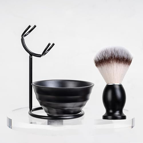 JEQUIL&CORENVEO Shaving Brush Set for Men, 4pcs Synthetic Shaving Brush with Shaving Soap, Stand and Shaving Bowl
