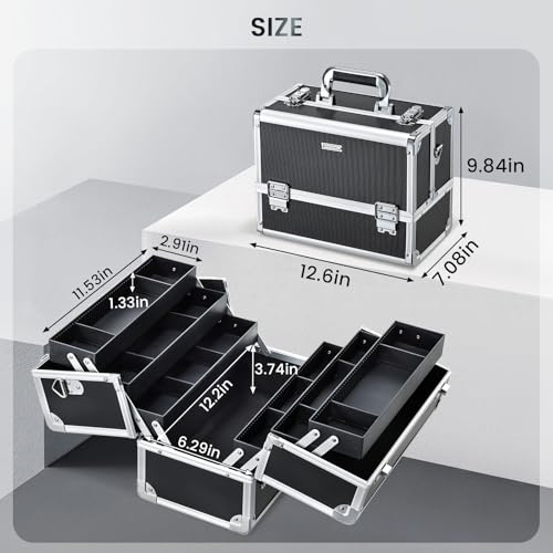 FRENESSA Makeup Train Case Makeup Case 12.6 Inch Large Cosmetic Box Organizer Travel Storage Professional Make Up Train Carrying Case with 6 Trays Locking Shoulder Strap Hard Vanity Storage Black