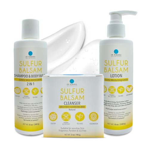 Dr. Robaina Skin Care Solution Sulfur Balsam Bundle - Cleansing Bar, Shampoo & Body Wash and Moisturizing Lotion