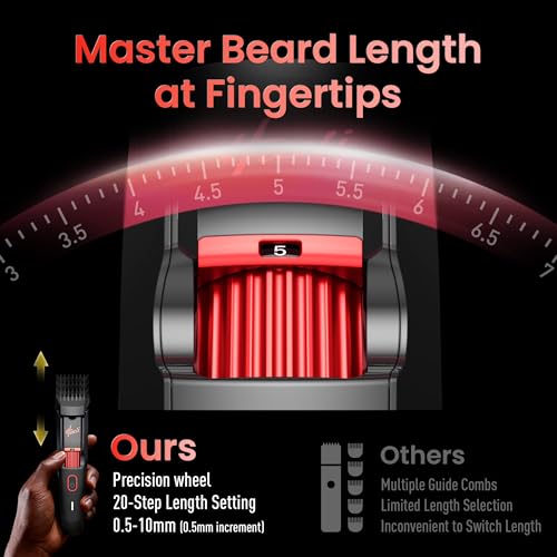 Men's Beard Trimmer with Precision Dial, 20 Adjustable Length Settings for Beard Mustache & Facial Grooming, Cordless Rechargeable, Professional Hair Clipper IPX7 Waterproof Wet/Dry Use, Red
