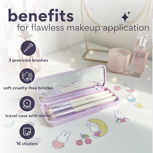 dearcloud Miffy Makeup Brush Set ? Blending, Smudger & Angled Precision Brush with Travel Case, Mirror & Customization Stickers (Endearing Bun)