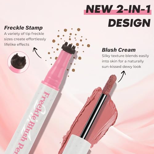 2PCS Liquid Blush Freckle Pen, 2-IN-1 Brown Fake Freckle Stamp & Pink Coral Orange Blush Stick for Cheeks, Waterproof Natural Sunkissed Dewy Cheeks Faux Freckles Face Tattoo Makeup with Puff (01#+02#)