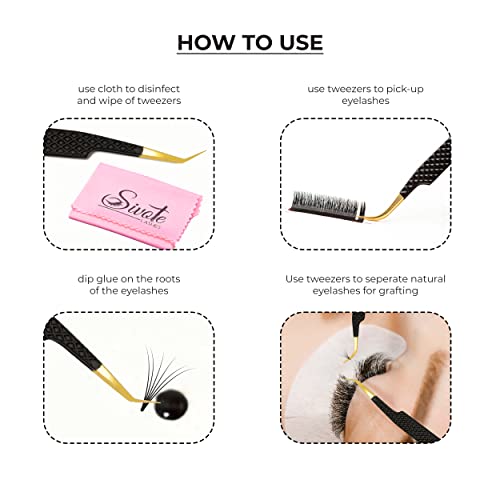 SIVOTE Fiber Tip Lash Tweezers for Eyelash Extensions with Diamond Grip, Black, Set of 4 - Precise Tips Japanese Steel for Classic, Volume & Mega Volume Lashes, Anti-Rust - Ideal for Lash Artists