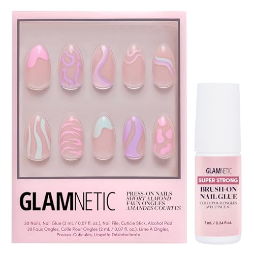 Glamnetic Press On Nails & Brush On Nail Glue Bundle - Wild Card | Semi-Transparent Short Almond Nails with Trendy Pastel Prints | 12 Sizes - 24 Nail Kit with Glue | Reusable, Salon-Quality Fake Nails
