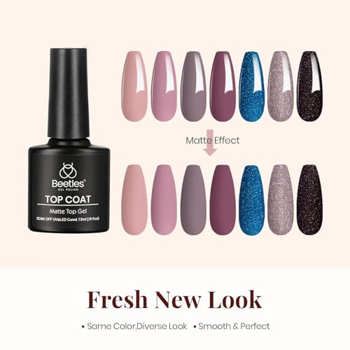 Beetles Matte Top Coat Gel Nail Polish Gel Top Coat & Base Set, 3Pcs Matte & Shiny Top Coat Nail Polish and Base Coat, No Wipe Long Lasting High Gloss and Matte Effects Soak off Uv DIY at Home