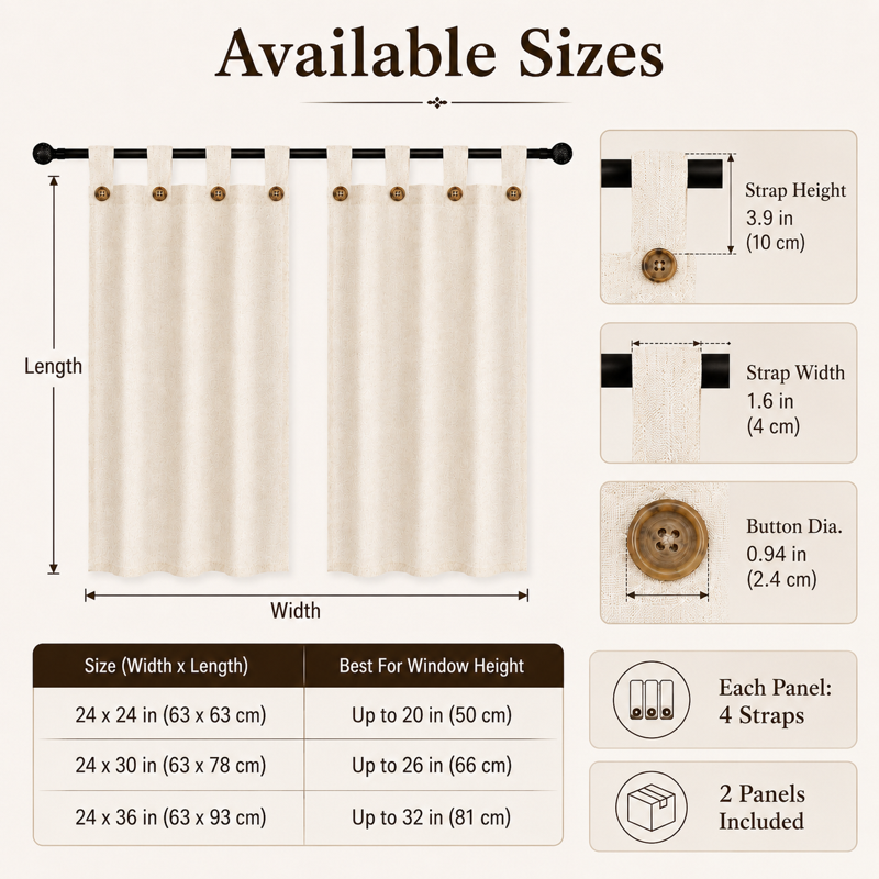 Cafe Curtains for Kitchen & Small Windows Linen Blend Short Tier Drapes with Buttons
