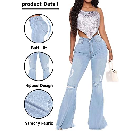 Women's Fashion Bell Bottom Pants High Waist Tassel Stretch Curvy Fit Jeans Blue