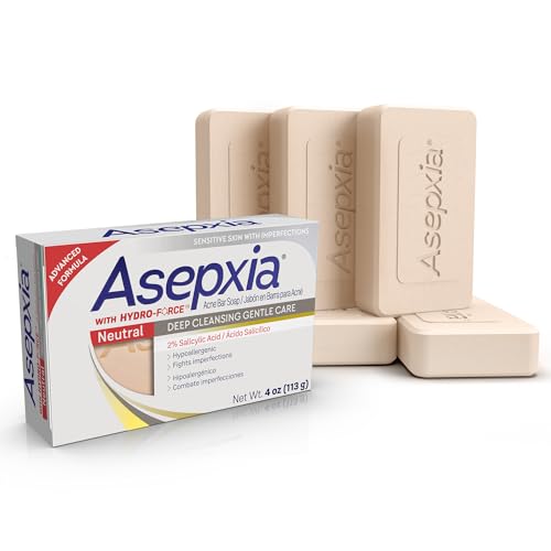 Asepxia Acne Treatment Neutral Hypoallergenic Bar Soap | 2% Salicylic Acid Cleanser, Removes Impurities & Excess Oil, Soothes Skin with Natural Botanical Extracts, Daily Use, Face Wash, 4 Oz, 5-Pack