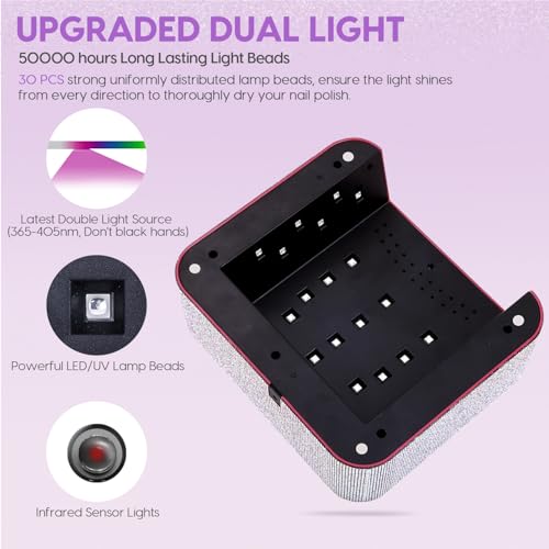 UV Light for Nails, Rechargeable UV Nail Lamp, Fast Nails Dryer Curing Lamp, Gel Nail Polish UV Light, 0-120S Arbitrary Timing, for Salon & Home