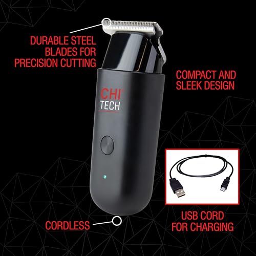 CHI Tech Cordless Mini Trimmer & Clipper, Hair Trimmer for Edging, Blending & Beard Trimming, Stainless Steel Blades, Includes 4 Guard Attachments
