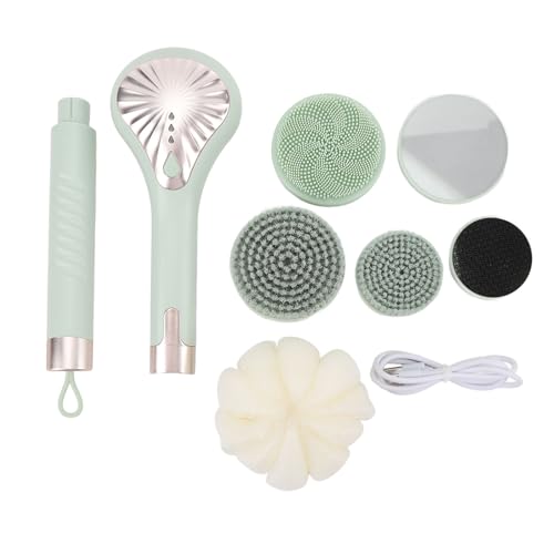 Rechargeable Electric Back Scrubber Body Brush with 3 Gears Multifunctional Shower Bathing Tool, Detachable Long Handle & 6 Brush Heads for Complete Shower Use - Light Green
