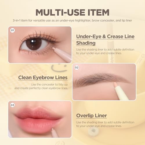 lilybyred Smiley Aegyosal Eyeliner | Korean Aegyosal Highlighter & Contour Pencil, 3-in-1 Multi-Use for Under-Eye, Brows & Lips, 3mm Round & 2mm Flat Tips, Air-Fit Formula, 0.011 oz. (01 Smile Smile)