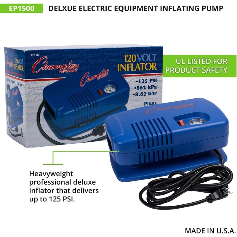 Champion Sports EP1500 Electric Ball Pump - 125 PSI, Quiet, w/ Needle, Gauge & Hose