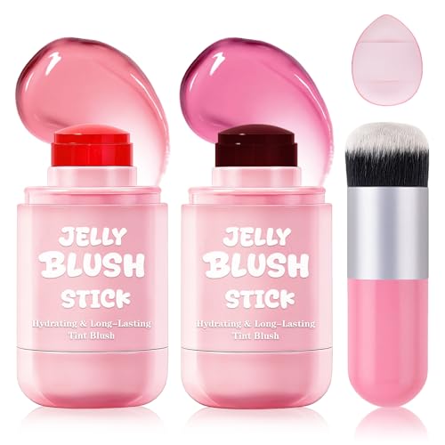 2PCS Jelly Blush Stick for Cheeks,Multi-use Cooling Water Jelly Lip and Cheek Tint Stain,Moisturizing,Cruelty-Free,Lightweight,Sheer & Buildable Lip Tint + Blush£¨02 Soft Pink + 04 Berry Red£©