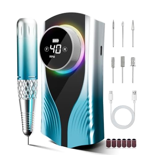 Nail Filer Electric Nail Drill Professional, Kisufu 45000 RPM Rechargeable Efile Nail Drill Kit with Smart Led, 3600mAh, Portable Nail Grinder for Salon Home Use, Women's Day Gifts (Blue).