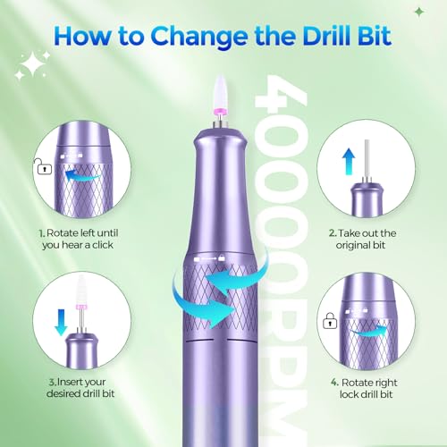 Nail Drill Electric File: DEDNMSCA Sparkly Professional Nail Drill Kit, 40000RPM E-file Machine with USB LED Light and 12 Drill Bits for Acrylic Nail Remove Gel Polish Manicure for Salon Home, Diamond