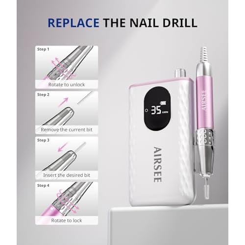 AIRSEE Updated Professional Nail Drill,Rechargeable Cordless Efile Machine for Acrylic Extension Gel Dip Powder Powerful Portable Efile 56 Sanding Bands 7 Bits,Low Noise Low Heat,G7 Pink