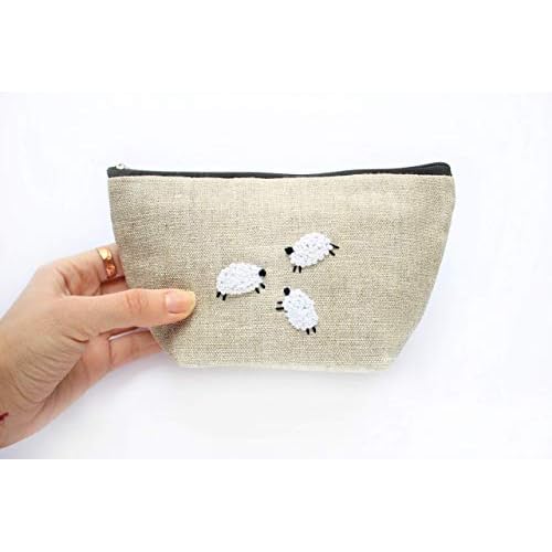Sheep cosmetic bag Small embroidered makeup purse for women Linen zippered pouch