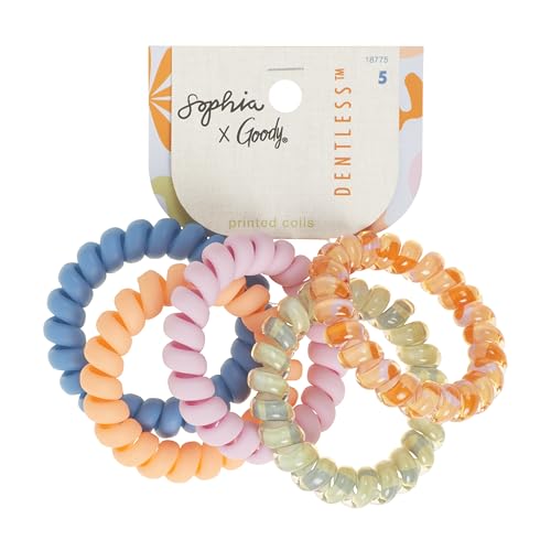 Goody X Sophia Yeshi Dentless Spiral Hair Ties, Hair Coils, Stretchable Jelly Bands Phone Cord Hair Ties, Medium-Thick Hair, Multicolor Print - 5 Ct