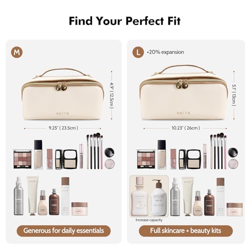 Prite Makeup Bag for Women Travel Waterproof Vegan Leather Cosmetic Bag Open Flat Toiletry Bag With Clear Divider and Handle (Large Beige)