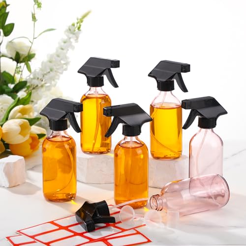 Norme 12 Pcs 8 oz Glass Spray Bottles with Funnels and Labels Refillable Cosmetic Empty Spray Bottles with Sprayer Containers for Essential Oil Cleaning Solutions(Pink,Classic)