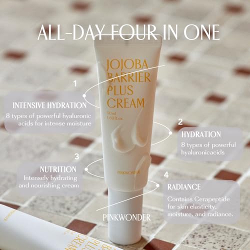 PINKWONDER Jojoba Barrier Plus Cream 1.69oz(50ml), 24HR Long Lasting facial Moisturizier Face Cream, Jojoba Oil and Hyaluronic Acid for Dry Sensitive Skin, Korean Skin Care