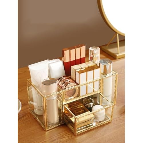 FSyueyun Vanity Clear Glass Makeup Organizer, Gold Makeup Brush Holder Cosmetic Storage Display Case for Skincare Perfume Dresser Countertop