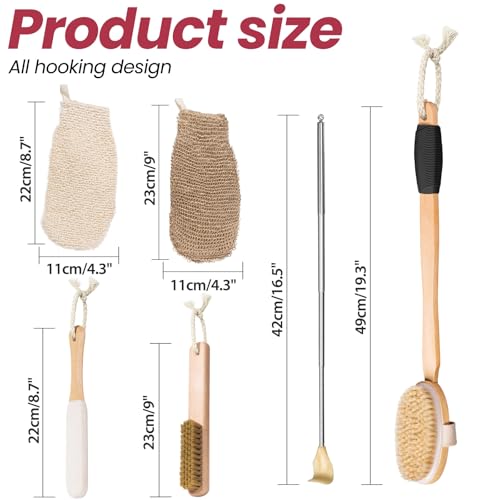 Wood Bath Brush,Long Handle Body Back Scrubber with Soft and Natural Bristles Antiskid Shower Brush Set for Bathroom Wet or Dry Exfoliating (6 Pack) (19.3''Long Handle)