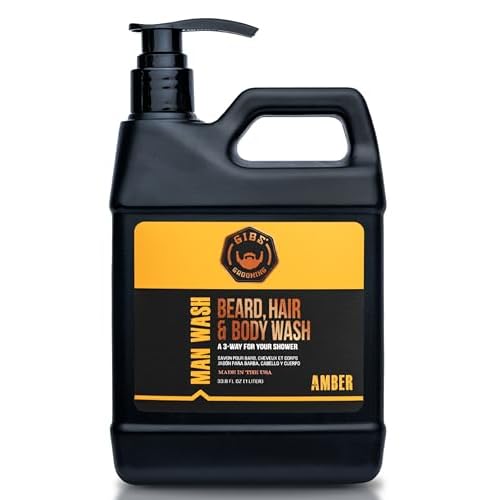 GIBS Grooming Amber 3 in 1 Body Wash For Men, Beard & Hair Moisturizing and Cleansing Liquid Body Wash Liter - Sulfate and Paraben Free