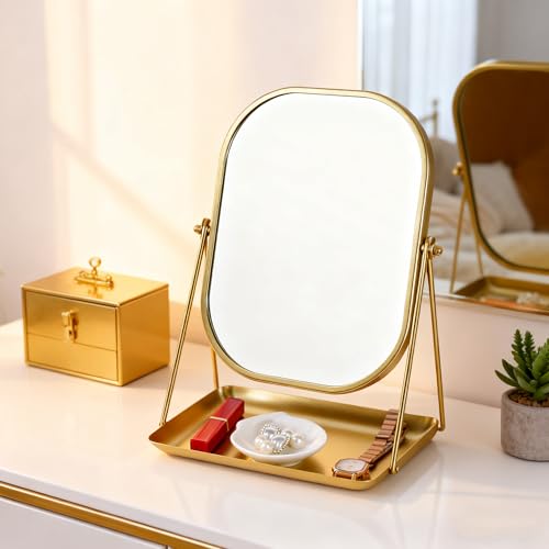360 Degrees Rotating Metal Makeup Mirror with Storage, Vanity Mirror for Desk, Bathroom, Bedroom, Dressing Table (Gold)