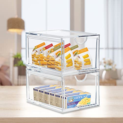 2 Pack Stackable Cosmetic Organizer Drawers, Clear Acrylic Makeup Storage Organizer Box, Plastic Storage Bins Vanity Container for Bathroom Countertop, Bedroom Dresser, Kitchen Cabinets