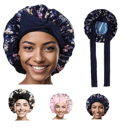 Black Satin Bonnet, Sleeping Cap Night Cap for Women, Double-Layered, Can Be Worn on Both Sides, Hair Protection
