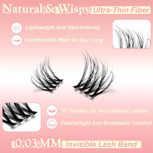 Lash Clusters Stella Wispy DIY Lash Extension 8-16mm Natural Eyelash Clusters D Curl Individual Eye Lashes Invisible Band False Eyelashes Cluster Eyelash Extensions Thin Clear Band