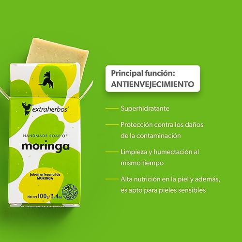 Extraherbos Moringa Soap Bar - Mexican Handmade Natural Cleansing Bar with Organic Moringa Leaf - Artisanal Beauty Soap for Daily Skincare 100g/3.4oz