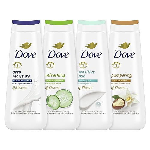 Dove Body Wash Deep Moisture Sensitive Skin Cucumber Green Tea Shea Butter Vanilla 4 Count and Deep Moisture For Dry Skin Moisturizing 3 Count